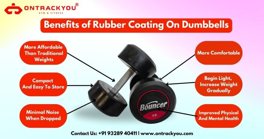 Infographic - Benefits of rubber coating on weights - dumbbells, weight plates